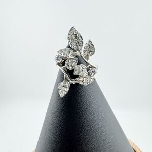 Vintage Silver Tone Leaf Branch Ring Rhinestone Statement Y2K Bold Glamour Retro